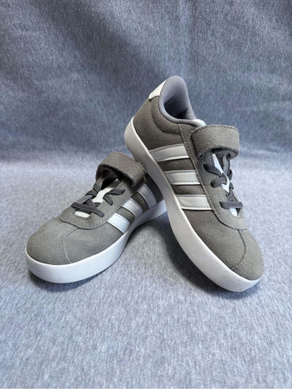adidas Kids Gray Suede Velcro Sneakers with White Stripes